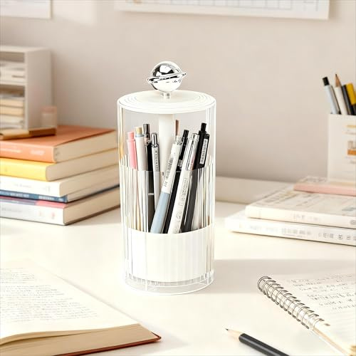 Makeup Brush Holder with Lid,Press-Pop Automatic Lift Cosmetic Organisers,4 Compartments Clear Waterproof Dustproof Make Up Storage for Room Decor, Dressing Table, Kitchen, Bedroom, Bathroom(White)