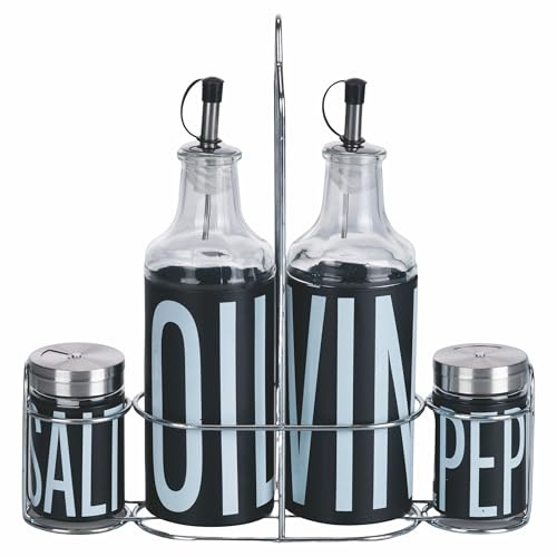 Villa d'Este Home Tivoli 1996 Set de condimento de aceite, vinagre, sal y pimienta de vidrio y acero inoxidable, soporte de hierro, negro, Bigismore