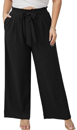 AusLook Women's Plus Size Wide Leg Pants with Pockets Black 2X Lightweight High Waisted Tie Knot Paperbag Dressy Palazzo Loose Paper Bag Comfy Business Casual Work Flowy Dress Trousers