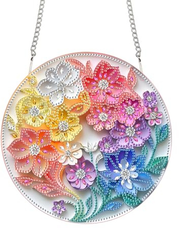 Bimkole Diamond Painting Hängsmycke Färgglada Blommor, Hängande Diamantkonst Diamantmålningsset Ståndare, 5D Diamantmålning Fönsterhängare För Hem, Trädgård, Dörr Och Utomhusområde 20x20 Cm