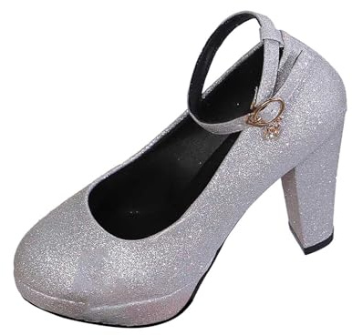 Traditional Shoes Women's Dress Pumps Funnel Heel Elegant Wedding Shoes Height Heel Round Toe with Platform Glitter Stones Mary Jane Low Shoes Wide Feet Clasp Pumps, Silver1, 4 UK