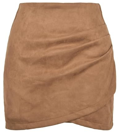 Gonna a matita da donna a vita alta, effetto pelle scamosciata, elasticizzata, in stile business, elegante e tinta unita, marrone chiaro, S