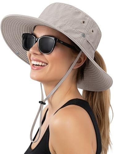 Xnova Sombrero de Sol UPF 50+ Mujer Apto para Coleta, Sombreros de Pescador ala Ancha Ajustable Plegable Gorras de Safari Senderismo Bucket Hat (B: Gris, Sombrero Circunferencia: 56-58 cm)