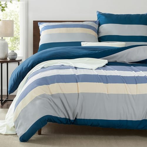 Whale Flotilla Juego de Funda Nórdica Cama 150 3 Piezas, Microfibra Funda Nórdica 220x240 cm y 2 Funda de Almohada 80x80 cm, con Cremallera, Rayas y Estampado Geométrico, Azul Marino