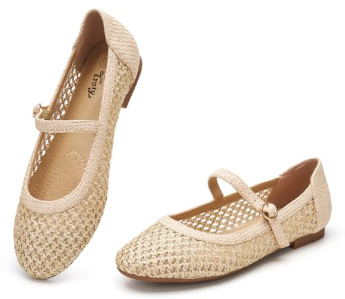Trary Mary Jane Shoes Women Woven Flats for Women Mesh Rouned Toe Dressy Ballet Flat with Braided Adjustable Buckle Strap Spring Summer Comfortable Slip On Casual Cute Shoes Beige Size 9