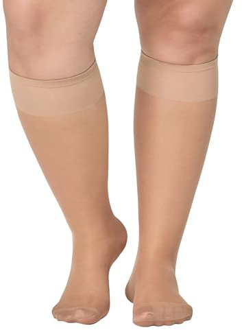 MANZI 6 Pairs Plus Size Knee High Socks Pop Stockings,15D | Ultra-Thin Sheer Nylon ,Wide Elastic Band Calves ,Reinforced Toes