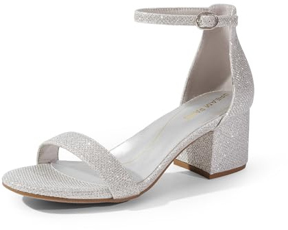 DREAM PAIRS Womens Bridal Sandals Ladies Mid Low Block Heels Sandals Low-Chunk Silver Glitter Size 8.5 US/ 6.5 UK