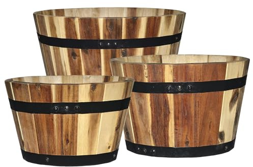GROWSCAPE Whiskey Barrel Planter, Wooden Garden Pot, Set of 3, Acacia
