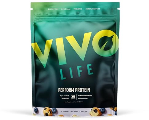Vivo life Perform Plant Protein Powder | 25g Protein with BCAAs, Iron, Zinc, Turmeric & Herbal Enzyme Blend | Lactose Free & Easy to Digest, Plant-Based Nutrition | Blueberry Muffin - 26 Servings