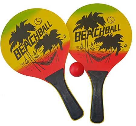 Beach Ball Spiel Set Beachball Schläger Holz mit Ball - Strandspielzeug Ballspiel für Garten und Strand bunt
