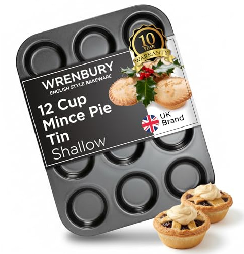 Wrenbury Pro 12 Cup Mince Pie Tin – Carbon Steel Mincemeat Baking Tray - Non Stick Shallow Muffin Pan for Patty Cakes and Jam Tarts