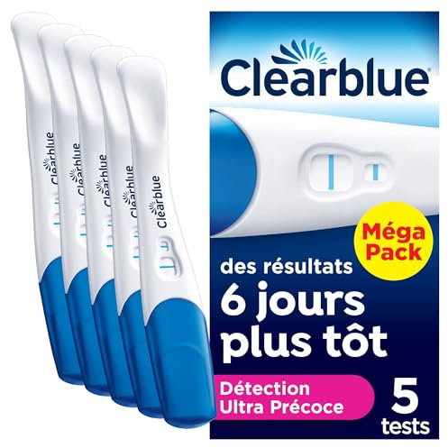 Clearblue Test De Grossesse, 5 unités, Détection Ultra Précoce de la Grossesse (10 mUI): Résultats jusqu’à 6 Jours avant le Retard de vos Règles, Pratique et Rapide, Fiable à Plus De 99%