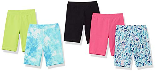 Amazon Essentials Pantalón Corto de Ciclismo de Altura Media Niña, Pack de 5, Azul Sirenas/Negro/Rosa/Teñido Anudado/Verde, 8 años