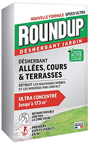ROUNDUP R400ATN - Désherbant Concentré Cours, Allées Action 2 en 1, 400 ml -Premiers effets visibles en 1h - Elimine mauvaises herbes par contact - Produit à base d'acide pélargonique - Jusqu'à 173 m²