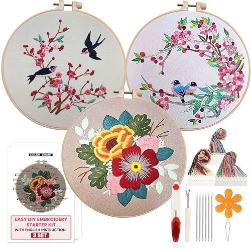 The ZenStore Birds & Flowers Embroidery Kit for Adults – Beginner DIY Hand Embroidery Set with Hoop, Stamped Fabric, Thread & Needles – Floral and Plant Pattern Sewing Craft Kit for Women & Teens