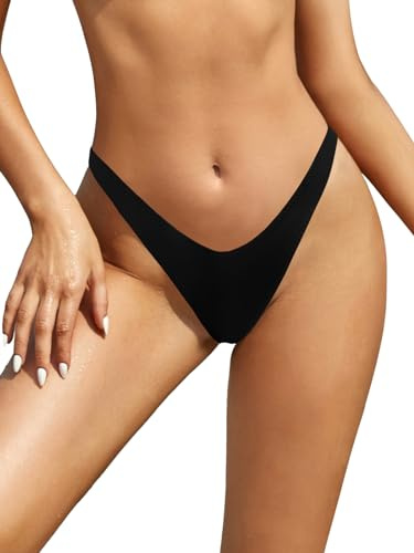 SHEKINI Womens Thong Bikini Bottoms V Cut High Leg Cheeky Bottom Black