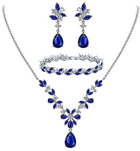 Clearine Parure Forme V Femme Mariage Série Feuilles Mignonnes avec Goutte d'eau Zircon Collier Boucles d'oreilles Pendantes Bracelet Ensemble Strass Bleu Ton d'argent