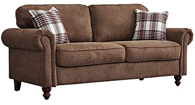 Panana Retro Design 2 Seater and 3 Seater Linen Fabric Sofa Couch Settee Living Room Sofa, With 2 Free Cushions, Brown 3 Seater