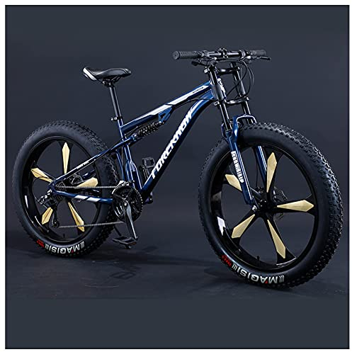 REOTEL 26 Zoll Mountainbike Herren Damen Mountainbike Fatbike, 7/21/24/27/30 Gang-Schaltung Erwachsene Fette Reifen Fahrrad, Rahmen Kohlenstoffstahl Vollfederung Bike,Blue 5 Spoke,30 Speed