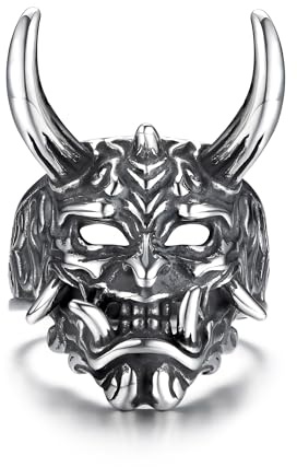 GTHIC – masque Oni japonais en acier inoxydable pour hommes, anneaux de crâne, demi-masque Hannya Vintage, bijoux taille 8