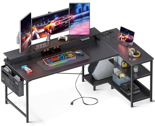 ODK Gaming Tisch L Form, 168x80cm Schreibtisch L Form mit Regal Reversibe, Eckschreibtisch mit USB-Ladeanschluss&Steckdose, Ecktisch mit Monitorständer für Büro, Heimbüro, Schwarz