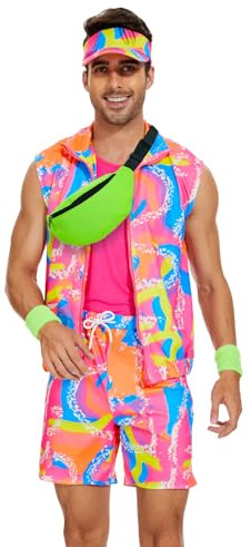 AJGEGJE Costume d'entraînement des années 80 pour homme, tenue des années | Accessoires avec sac banane, chapeau pare-soleil, sangles de poignet, costume de patinage pour Halloween, cosplay