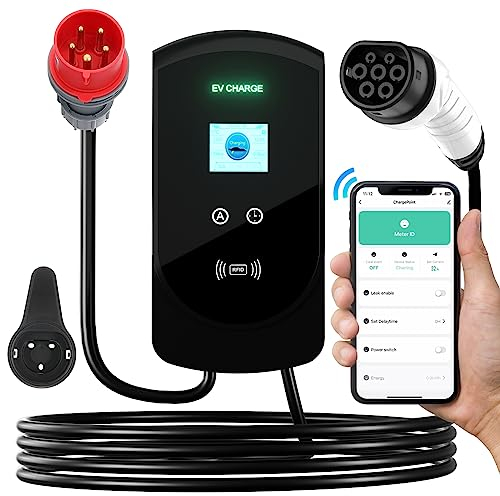 GEARMONSTER 5 Meter EV Typ 2 Ladegerät Ladestation Wallbox, 11 KW 16A Dreiphasig Ladekabel (IEC 62196-2) für Hybrid- und Elektrofahrzeugen. LED-Anzeigen, RFID Karte, APP WiFi, EU Standard, Schnellladu