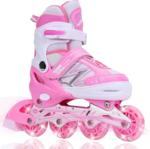 DUZSKJ Patines en línea Ajustables para niños y niñas con Ruedas de iluminación, Patines Ajustables para niños, para Principiantes, niños, Juegos al Aire Libre en Interiores (Rosa & Blanco, M)