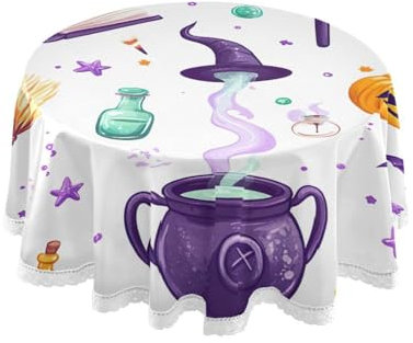 JUMBEAR Mantel redondo de poliéster circular con escoba y sombrero de bruja, hermoso mantel resistente al agua, a prueba de derrames, para comedor, cocina, fiesta, 60 pulgadas