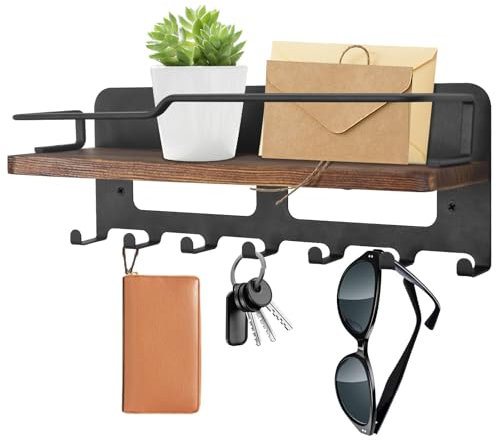 Yiomxhi Portachiavi da Parete con 7 Ganci, Appendi Chiavi a Muro in Legno Appendichiavi con Mensola per Posta Lettere, Porta Chiavi per Ingresso Cucina Soggiorno (Nero)