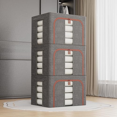 Debrymn 3Pcs 66L Grey Clothes Storage Bins with Metal Frame, Foldable Fabric Bin Organizer, Stackable Openings, Clear Windows, Zippers, Durable Handles