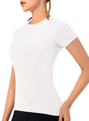 IECCP Short Sleeve Gym Tops Women Women's Running Shirts Workout Tops Quick Dry Sports T-Shirts Athletic Hiking Tops Women Exercise Top Ivory Gray S