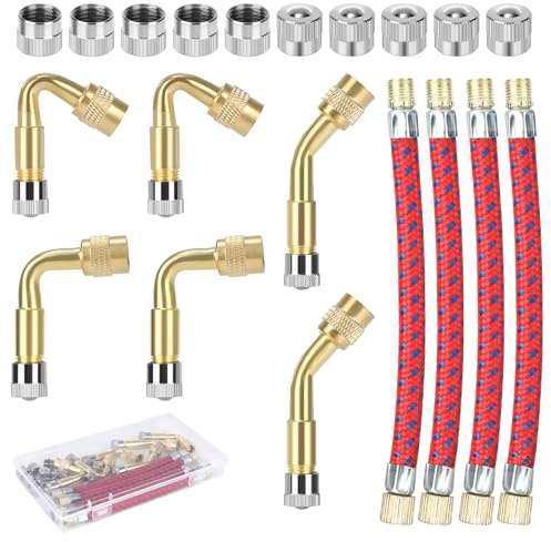 20 Stück Ventilverlängerung Autoventil Set, 45° 90° 135° Reifenventil mit 4 Stück 130mm Gummi Ventil Verlängerung 10 Metallkappen und Plastikboxen, Autoventil Adapter für Motorrad, Fahrrad, Scooter