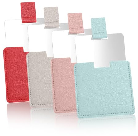 KQDRAVINE Set di 4 specchietti tascabili, in acciaio inox, con custodia, in metallo lucido, 6,5 x 7 cm