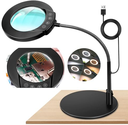 10 x förstoringsglas med ljus och stativ – 5 färglägen, dimbar LED-belysning, handsfree skrivbordsförstoring för hantverk, hobby målning sömnad stängning arbete