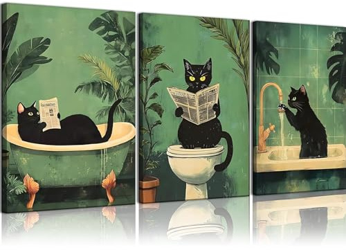 PANYI 3 Pieces Black Cat Bathroom Wall Poster Toilet Bathtub Posters Pictures Bathroom Wall Art 30 * 40 cm Retro Toilet Wall Art Suitable for Bathrooms Toilets Decoration (Frameless)