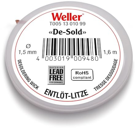 Weller avlödningsspill T0051301099 | 1,6 m spole | bredd 1,5 mm | flussmedelsdränkt kopparnät | Snabb och ren borttagning av lödtenn | för elektronik och kretskort reparation