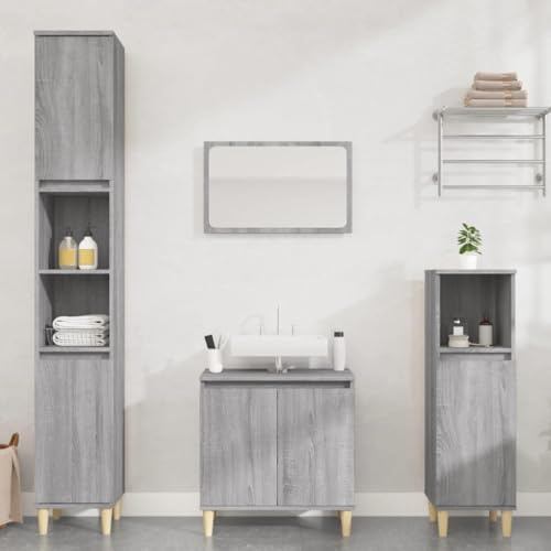 Versear 3pz Mobile Bagno, Set Mobili Bagno, Mobile Bagno Salvaspazio, Mobile Bagno Colonna, Set Mobili Bagno Completo in Legno Multistrato Grigio Sonoma