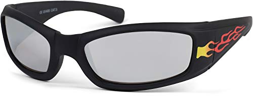 styleBREAKER Occhiali da sole sportivi per bambini con stampa a fiamme, montatura completa in plastica, stile sportivo 09020089, colore:Telaio nero/Vetro Argento munito di specchi