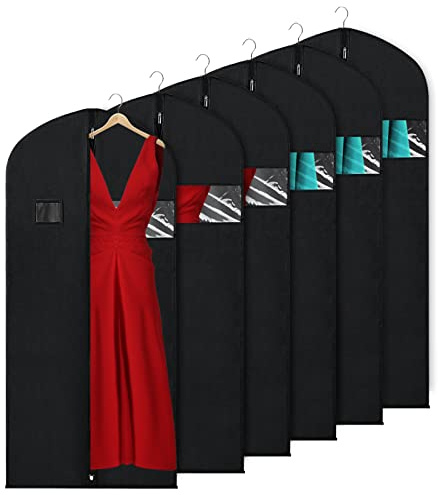 KEEGH Garment Bags for Hanging Clothes 60 (Set of 6) Dress Bags for Gowns Long Dress Bags for Closet Storage with Zipper and Eye-Hole for Folding for Suit Coats Dresses, Black