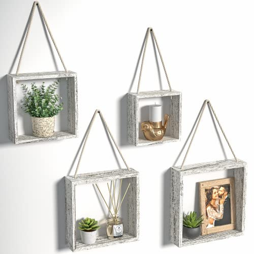 J JACKCUBE DESIGN Floating Hanging Square Shelves Wall Mounted Rustic Wood Cube Display Shelf Shadow Boxes Decorative Boho Home Décor for Living Room, Bedroom, Office, Set of 4 (White) - MK571C