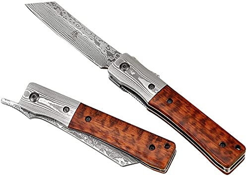 KATSU Couteau Pliant de Poche en Acier D2, Couteau de Poche avec Manche en G10 Style Bambou, Japanese Couteau Multifonction avec Clip de Poche pour Utilisation Quotidienne - Brun Argenté