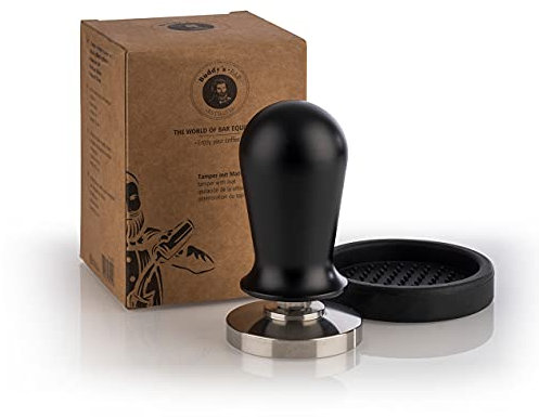 Buddy´s Bar - Barista Edition, Premium Tamper, Kaffee Verdichter Ø 53 mm Base, H: 10 cm, rostfreier Edelstahl, Espresso Stempel für 53 mm Siebträger, Kaffeestampfer mit Silikonmatte, schwarzer Griff