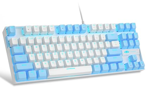 MageGee 75% Mechanische Gaming-Tastatur mit rotem Schalter, LED-Tastatur mit blauer Hintergrundbeleuchtung, kompakte TKL kabelgebundene Computertastatur für Windows Laptop PC Gamer,Weiß/Blau