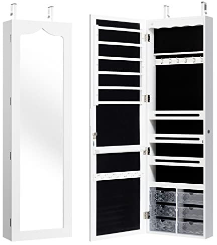 GOPLUS Armoire à Bijoux Mural avec Miroir et Lumière LED, Armoire de Rangement Mural, Accrochée à la Porte avec Serrure, Meuble de Rangement, Miror Porte-Bijoux 120 x 36,5 x 11,5CM, Blanc