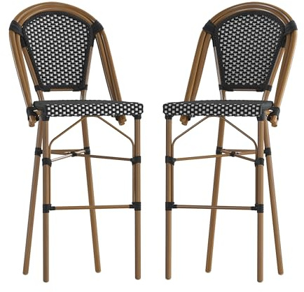 Taylor & Logan Nadia Indoor/Outdoor Stackable Bistro Bar Stools in Black/White PE Rattan with Bamboo Print Frame, Set of 2