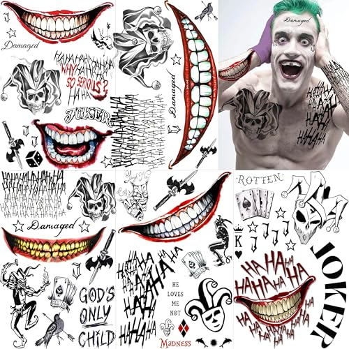 EGMBGM 5 Blatt Gruselig Joker Tattoos Männer Frauen Klebetattoos Erwachsene, Halloween Schminke Gesicht Make UP Kostüm, Fake Gefangener Clown Temporäre zum Aufkleben Festival Must Haves