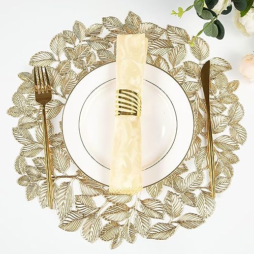 Maffily Leaf Gold Placemats Bulk Pressed Vinyl Place mats Washable and Wipeable Round Placemats Set of 6 Hollow Out Non-Slip Metallic Decorative Table Mats for Dining Table Kitchen Decor