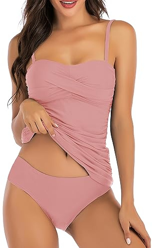 Shuangyu Tankini Swimsuits for Women Tummy Control Bathing Suits Two Piece Tankini Tops with Mid Waist Briefs Bean Paste Pink XL
