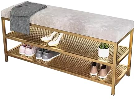 KAMPCO Samtbank-Schuhregal für den Eingangsbereich, das Badezimmer und das Wohnzimmer, 3-stufige Bank am Ende des Bettes mit goldenem Metallrahmen